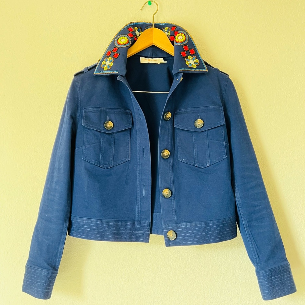 Tory Burch Blue Jean Jacket with Floral Embroidery